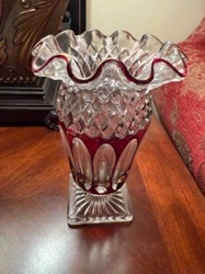 Ruby Red and Clear Cut Glass Ruffled Vase