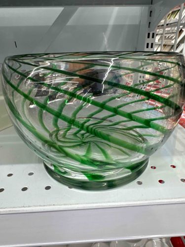 Hand-Blown Art Glass Bowl with Green Spiral Cane Decor