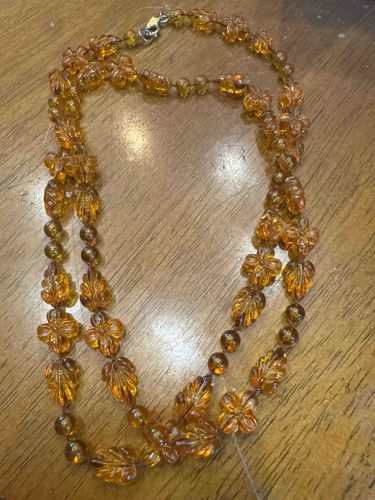 Amber-Colored Carved Glass Bead Necklace