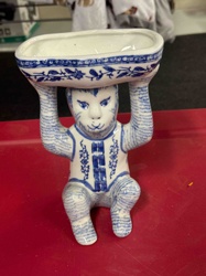 Blue and White Ceramic Monkey Planter/Holder