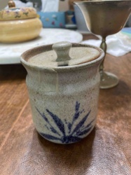 Stoneware Lidded Container with Blue Leaf Motif