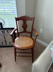 Vintage Carved Wood Cane Seat Armchair