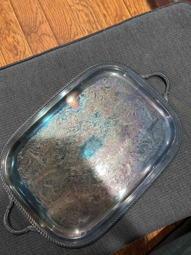 Rectangular Silver-Plated Serving Tray with Engraved Floral Design