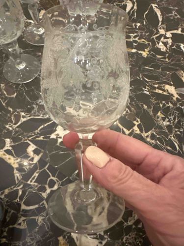 Etched Glass Wine Goblet with Grape and Vine Motif