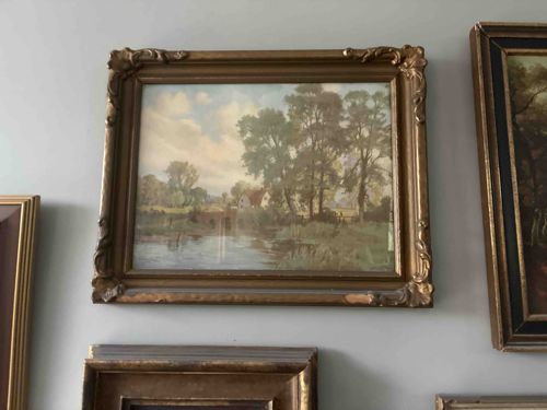 Framed Pastoral Landscape Lithograph in Gilt Rococo Style Frame