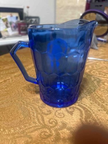 Shirley Temple Blue Glass Pitcher with Hexagonal Pattern