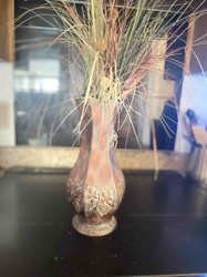 Decorative Fluted Metal Vase with Grape Motif and Faux Botanical Arrangement