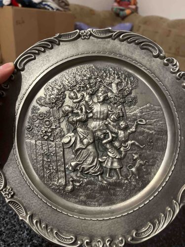 Pewter Decorative Wall Plate with Embossed Family Scene