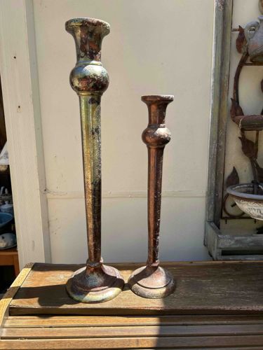 Pair of Seyei Lusterware Ceramic Columnar Candlesticks