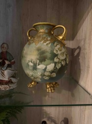 Victorian / Early 20th Century Hand-Painted Porcelain Tripod Vase with Swan and Floral Motif