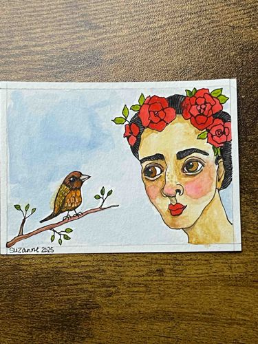 Frida Kahlo Inspired Portrait with Bird (ACEO)