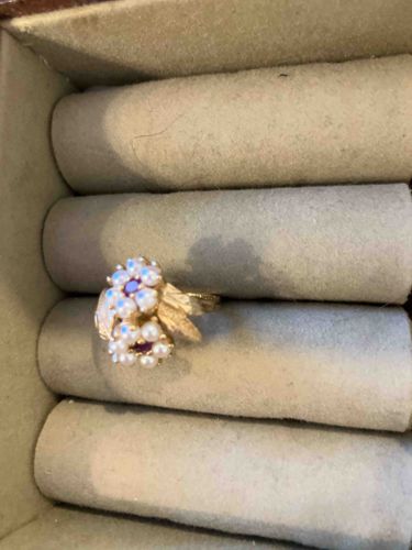 Vintage 14k Gold Pearl and Ruby Cluster Ring