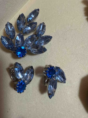 Vintage Blue Rhinestone Brooch and Clip-On Earrings Set