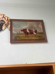 Framed Oil Painting: Brown and White Cow in Landscape
