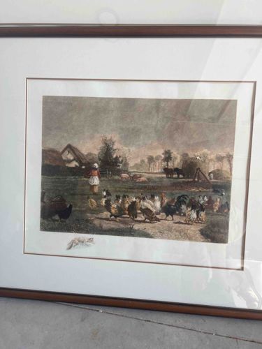 Framed Farmyard Scene Print with Fowl and Fox