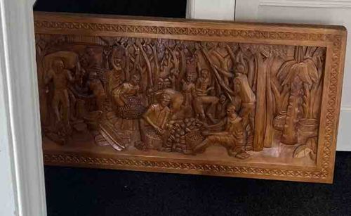 Carved Wooden Wall Panel Depicting Rural Harvest Scene