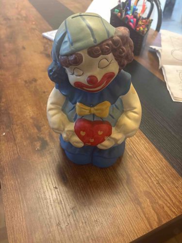 Vintage Ceramic Sad Clown Piggy Bank with Heart