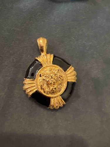 Vintage Gold-Tone and Black Enamel Lion's Head Brooch Pendant