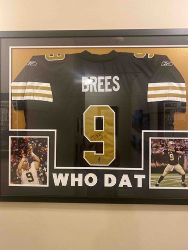 Framed Drew Brees Signed New Orleans Saints Jersey with Photos and 'WHO DAT' Text