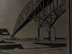 Pen and Ink Drawing of a Bridge Landscape