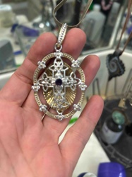 Two-Tone Celtic Cross Medallion Pendant with Amethyst and Cubic Zirconia