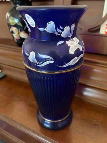 Cobalt Blue Glass Vase with Hand-Painted Floral Decor and Ribbed Base