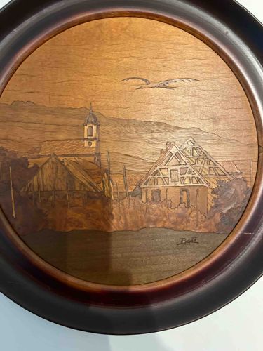 Carved Wooden Plaque with Village Scene