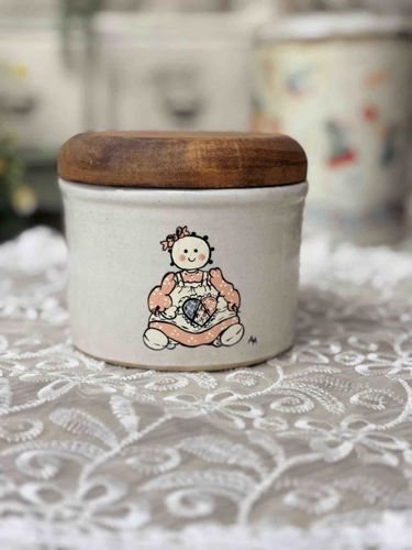 Vintage Ceramic Ragdoll Canister with Wooden Lid