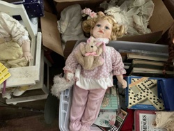Porcelain Head Doll with Pajamas and Rabbit Backpack