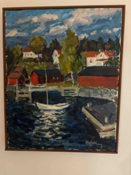 Coastal Village Harbor Scene Oil Painting