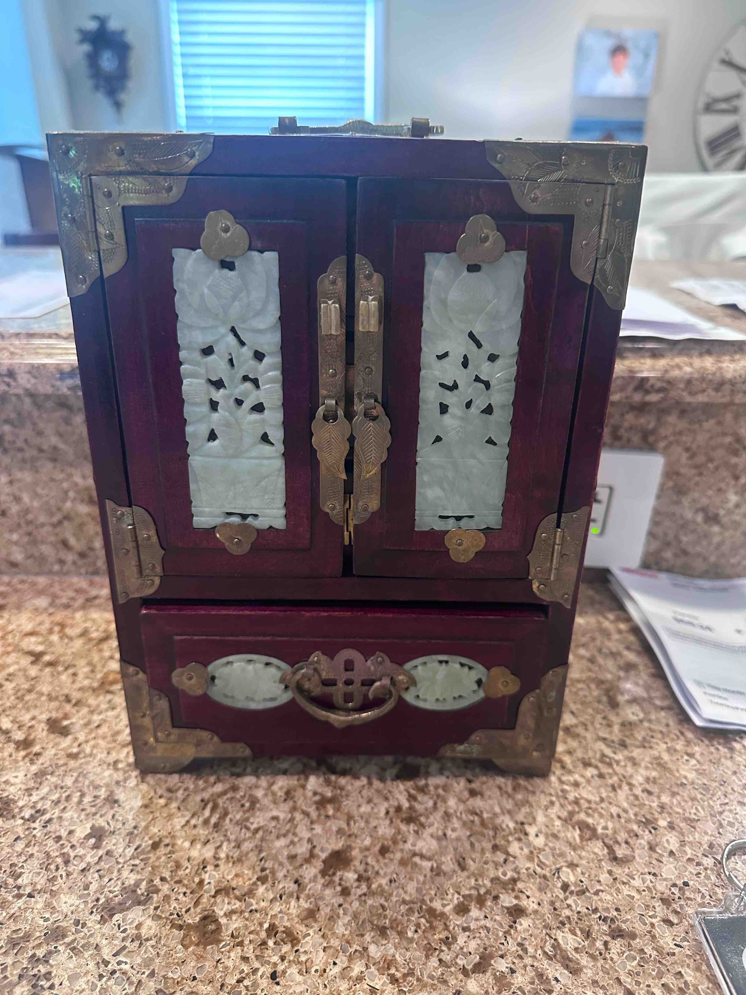 Submitted photo of Chinese hardwood jewelry cabinet with carved jade plaques