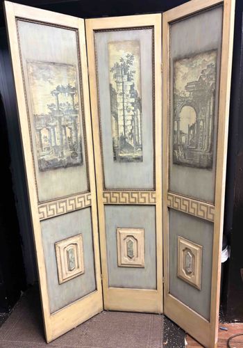 Three-Panel Decorative Room Divider Screen with Classical Ruins Motifs