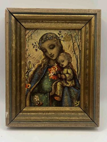 Mid-Century Hummel-Style Framed Madonna and Child Chromolithograph
