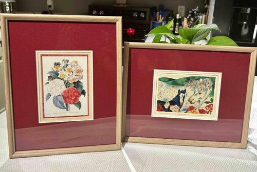 Pair of Framed Matted Art Prints: Botanical Bouquet and Horse with Foal