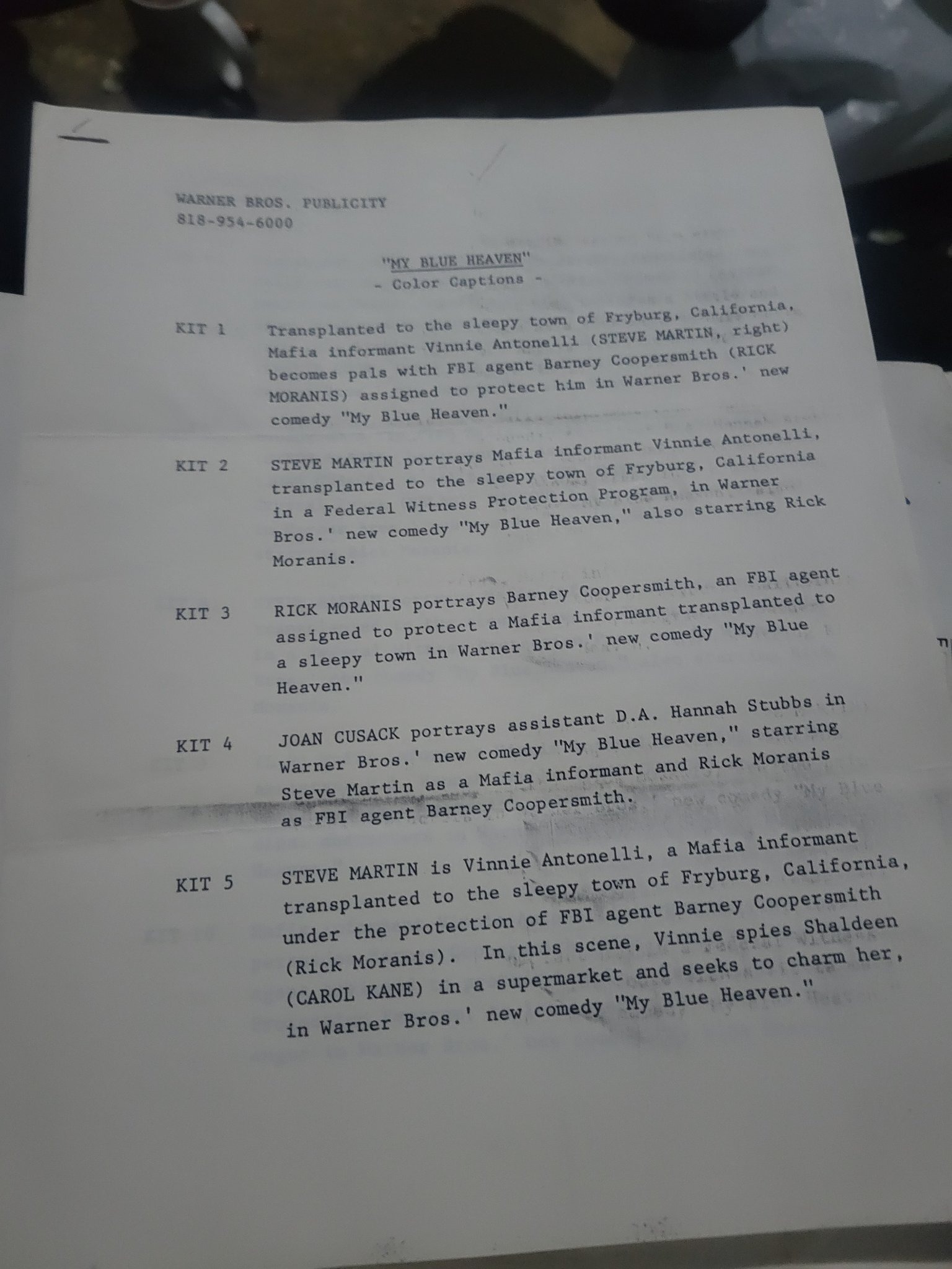 Submitted photo of Vintage typed press kit document for the film 'My Blue Heaven'