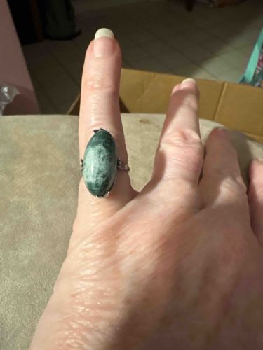 Oval Cabochon Green Jadeite or Nephrite Sterling Silver Statement Ring