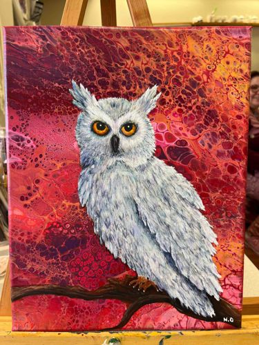 Contemporary White Owl Acrylic Pour Painting by Heather Dixon