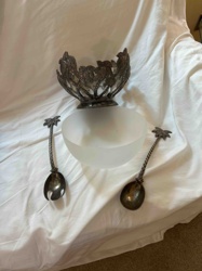 Silver-Plated Salad Server with Frosted Glass Bowl and Palm Tree Motif Utensils
