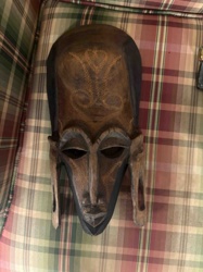 African Wooden Face Mask with Geometric and Crown-like Carvings