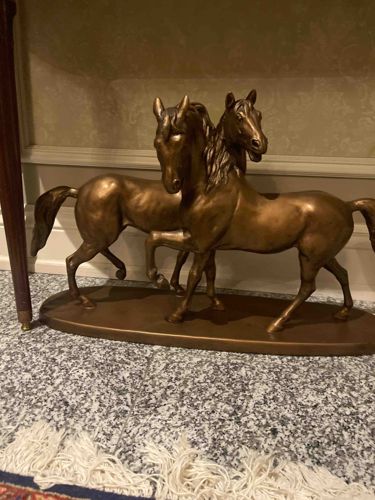 Twin Bronze-Finished Horse Sculpture on Oval Base