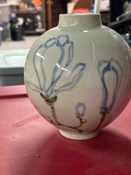 Celadon Glazed Spherical Vase with Underglaze Blue and Brown Floral Decoration