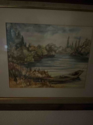 Framed Watercolor Landscape with Boat