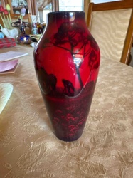 Art Nouveau Red Glass Vase with Landscape and Figurative Silhouettes