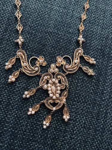 Antique Gold Filigree and Seed Pearl Necklace