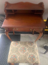 Vintage Wooden Vanity Desk with Hutch and Upholstered Bench