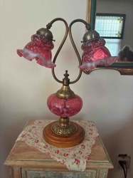 Vintage Dual-Arm Cranberry Slag Glass Parlor Lamp (Gone With The Wind Style)
