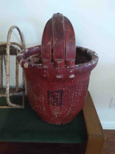 Antique East Asian Red Lacquer Bamboo Basket