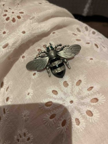 Bee Brooch with Rhinestones and Green Eyes