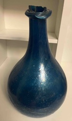 Teal Hand-Blown Glass Bottle with Applied Ring and Damaged Rim