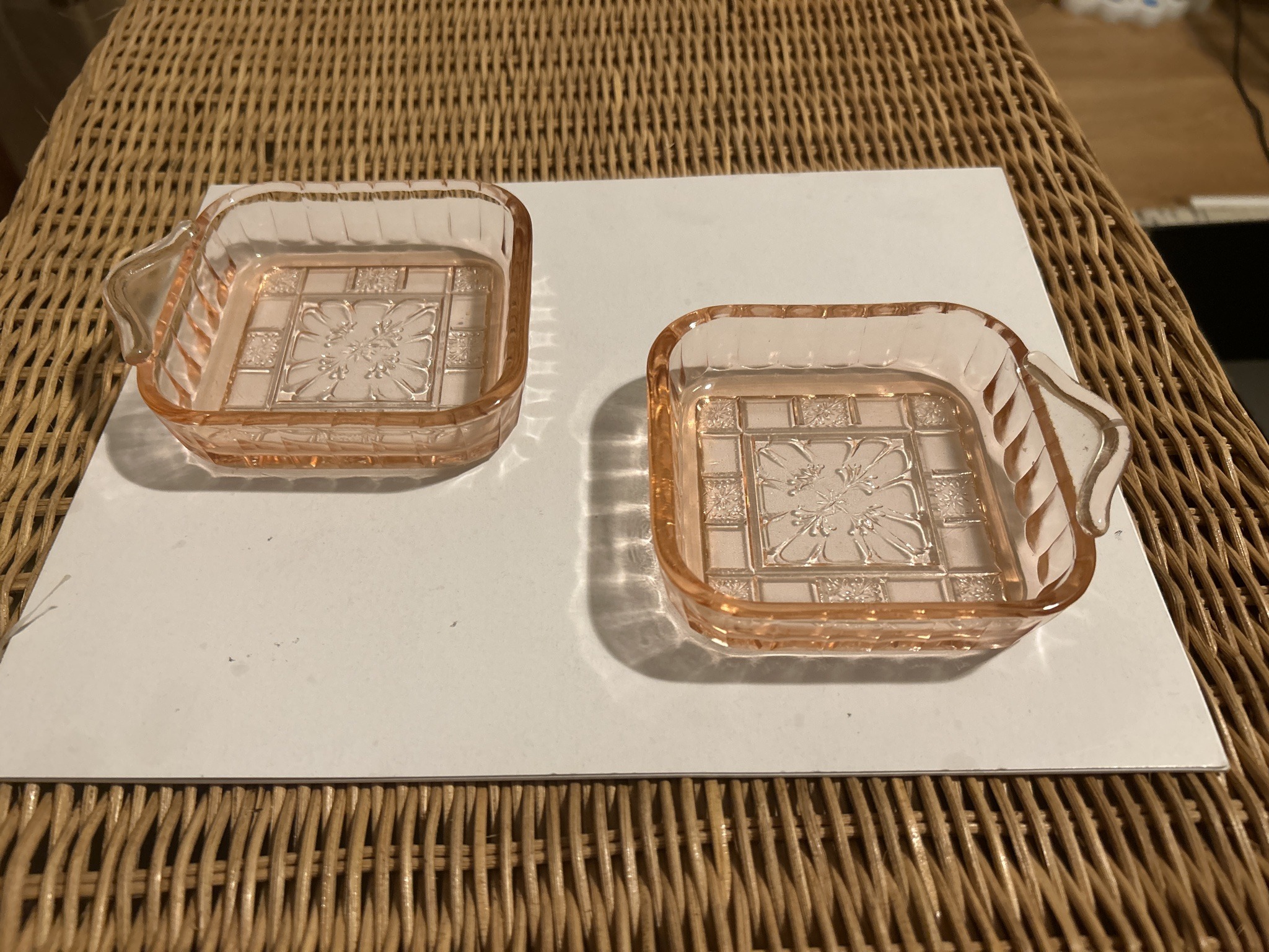 Submitted photo of Pair of vintage pink depression-style molded glass small dishes